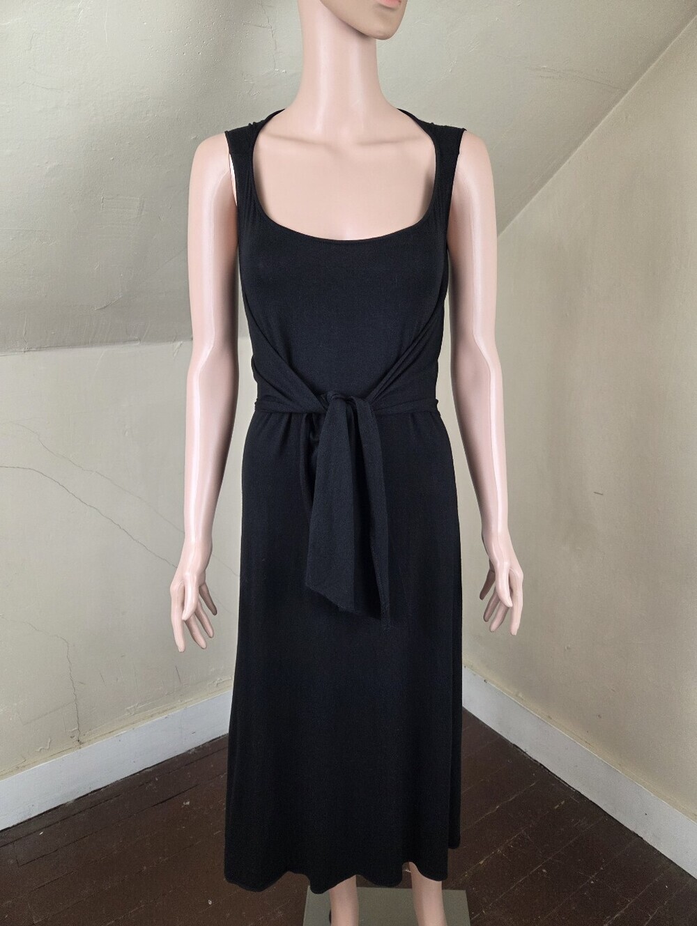 Charles Nolan New York Black Stretch Midi Dress Tie Waist Sleeveless Large
